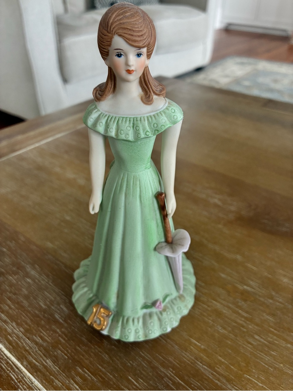 Enesco Porcelain Birthday Girl Figurine in Mint Green with Brown Hair